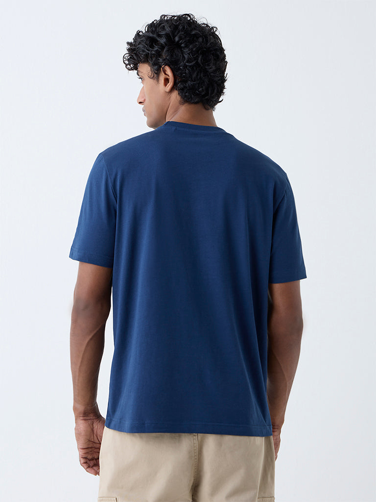 Westside WES Casuals Men's Navy Solid Slim-Fit Cotton T-Shirt for Casual Wear Back View