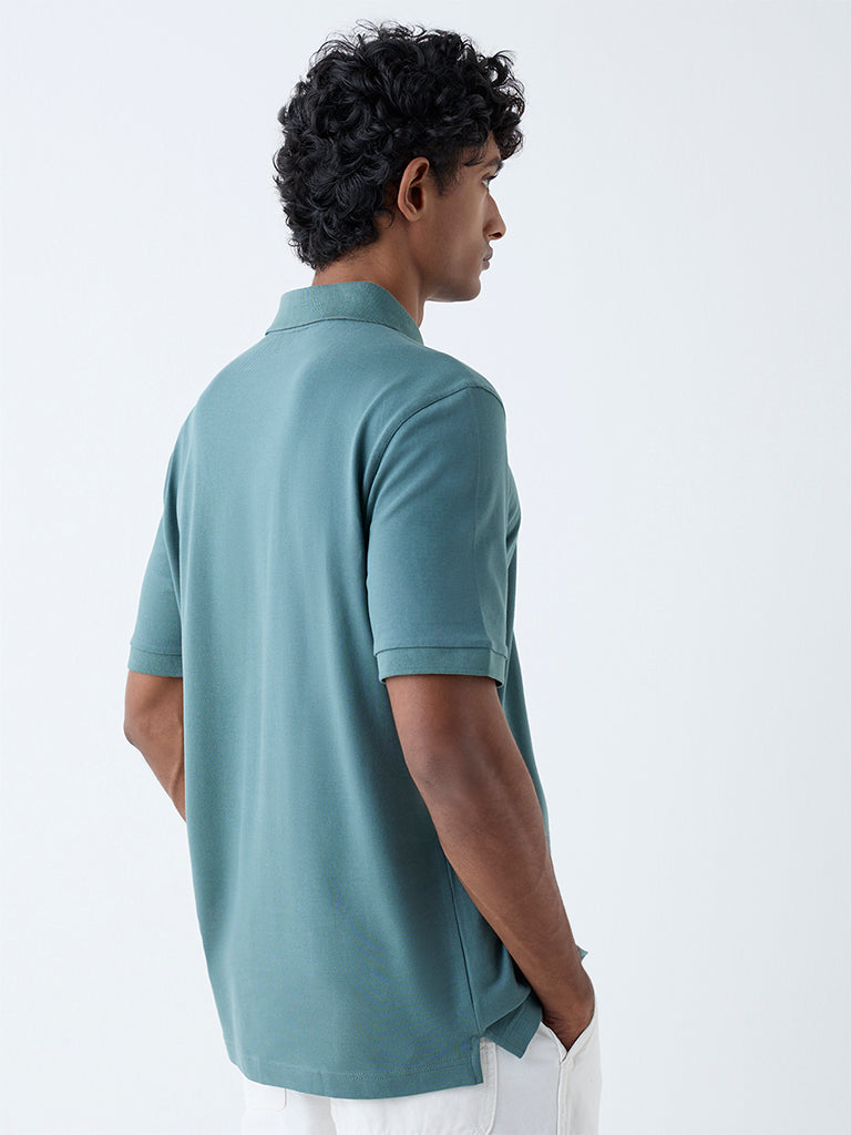 Westside WES Casuals Men's Teal Relaxed-Fit Cotton-Blend Polo T-Shirt for Casual Wear Back View