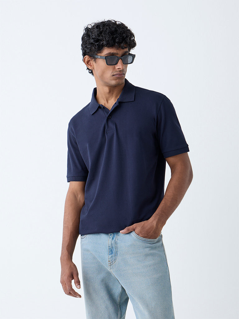 Buy WES Casuals Navy Relaxed-Fit Cotton-Blend Polo T-Shirt from