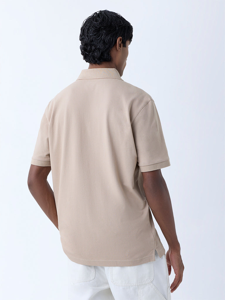 Westside WES Casuals Men's Beige Relaxed-Fit Cotton-Blend Polo T-Shirt for Casual Wear Back View