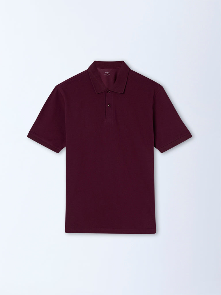 Westside WES Casuals Men's Wine Relaxed-Fit Cotton-Blend Polo T-Shirt for Casual Wear Flatlay