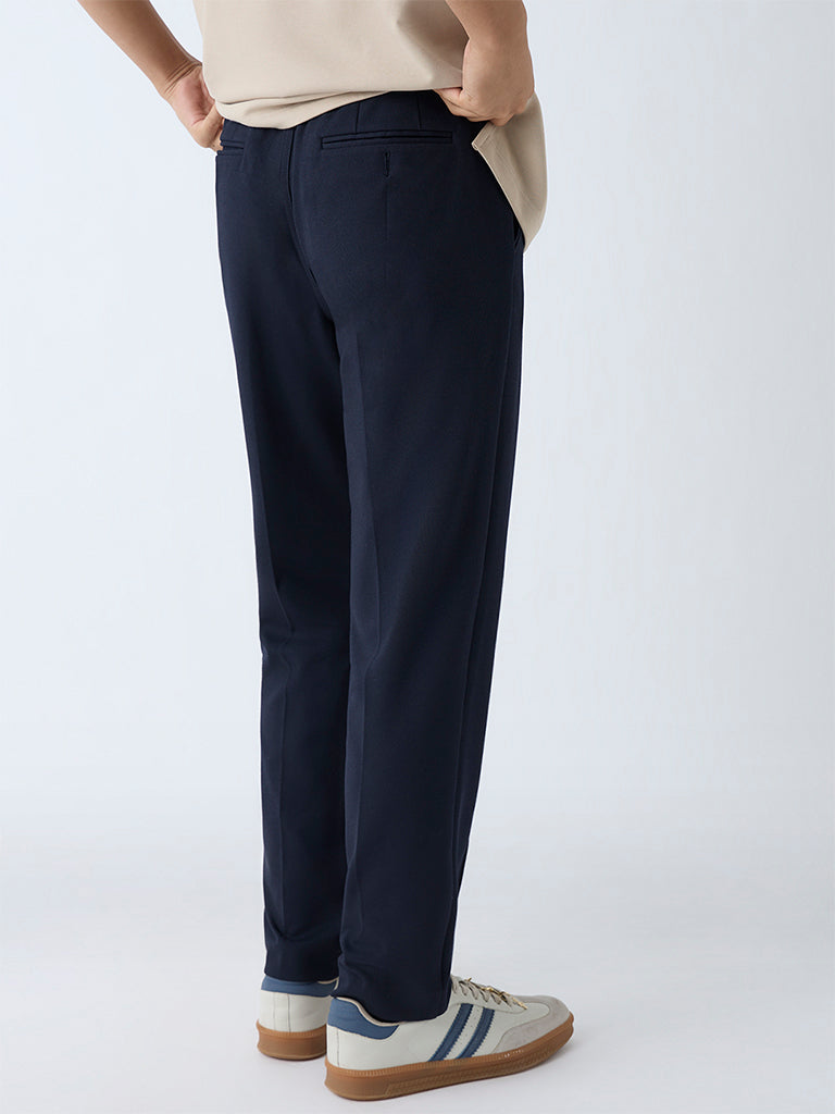 Westside Studiofit Men's Navy Solid Relaxed-Fit Mid-Rise Pants for Sports Wear Back View