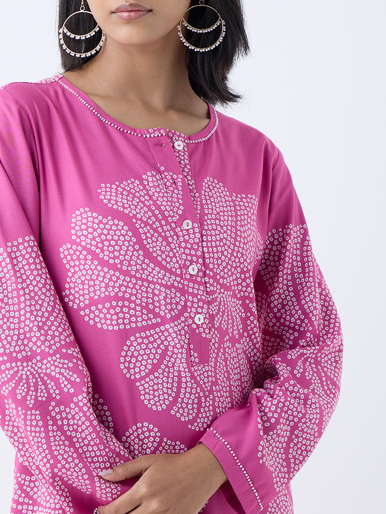 Utsa Pink Bandhani Pattern Straight Kurta