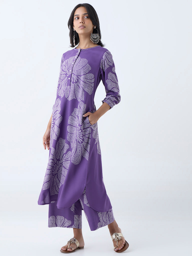 Utsa Violet Bandhani Pattern Straight Kurta