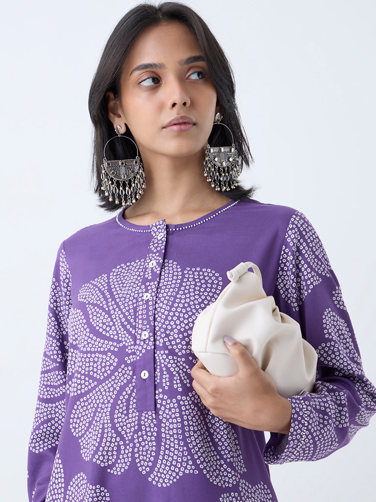 Utsa Violet Bandhani Pattern Straight Kurta
