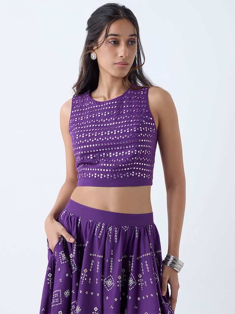 Utsa Violet Mirror Embroidered Cotton Ethnic Top