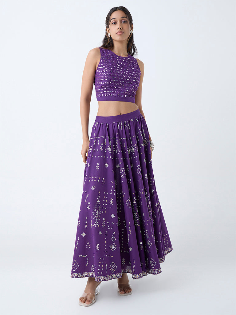 Utsa Violet Mirror Embroidered Cotton Ethnic Top
