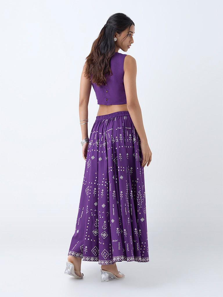 Westside Utsa Women's Violet Bandhani Pattern Cotton Skirt for Work Wear Back View
