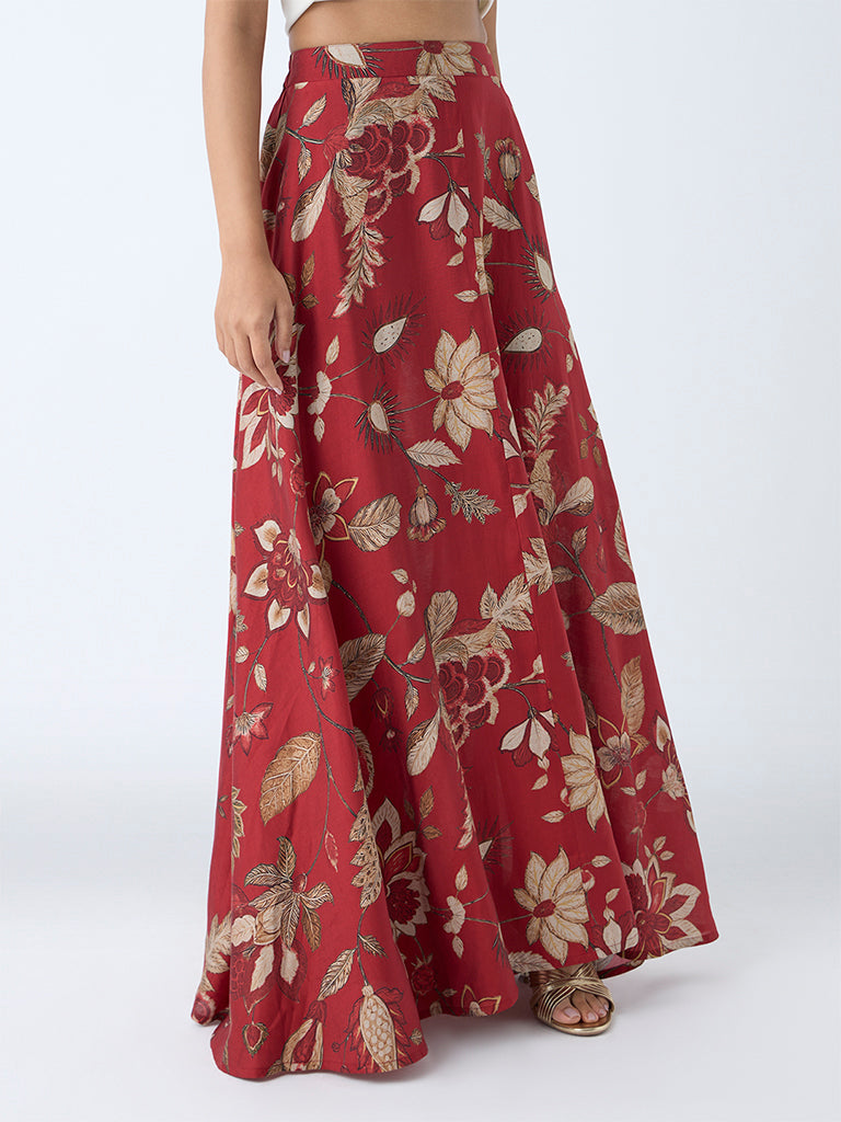 Utsa Maroon Botanical Patterned Maxi Skirt