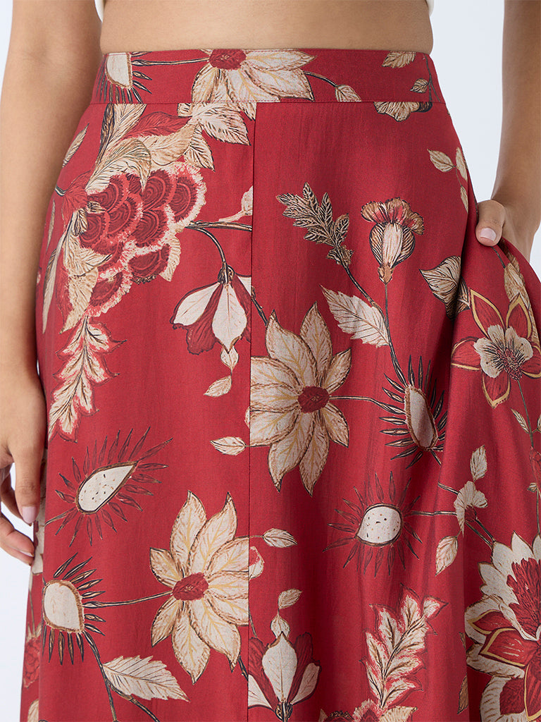Utsa Maroon Botanical Patterned Maxi Skirt