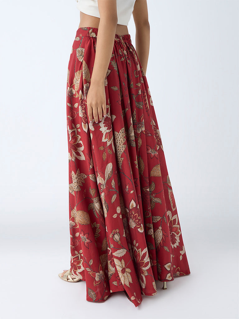 Utsa Maroon Botanical Patterned Maxi Skirt