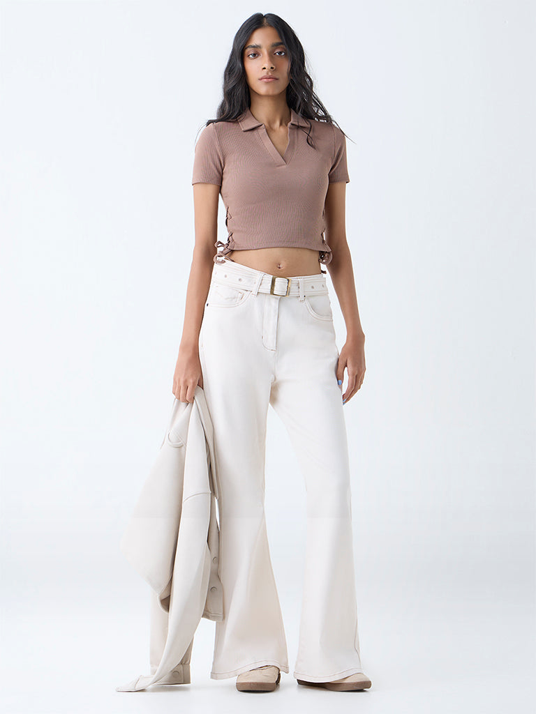 Buy Nuon Off-White Mid-Rise Bootcut Jeans with Belt from Westside