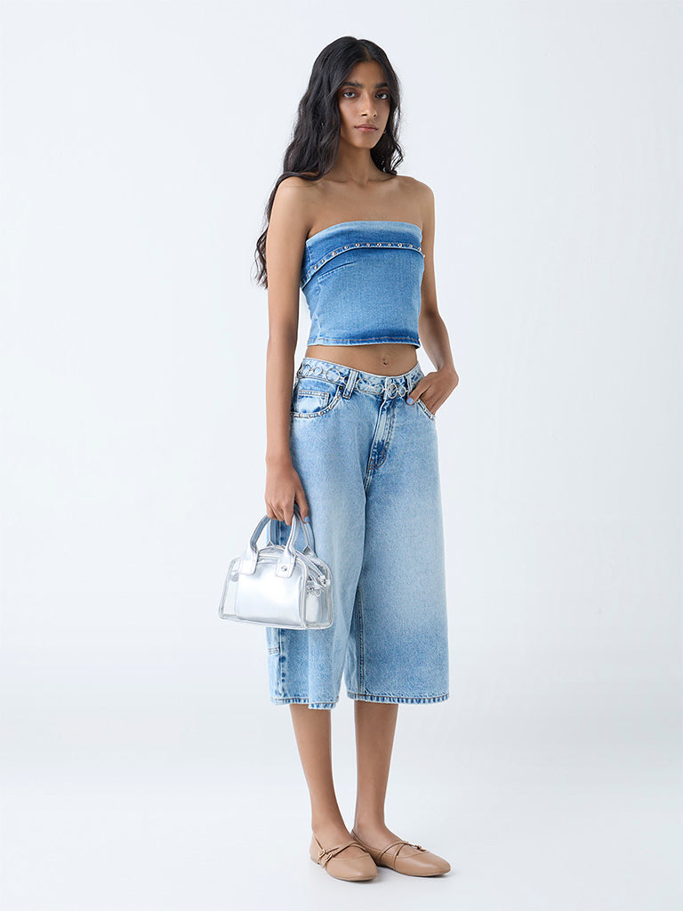Nuon Light Blue Faded Mid-Rise Denim Jorts
