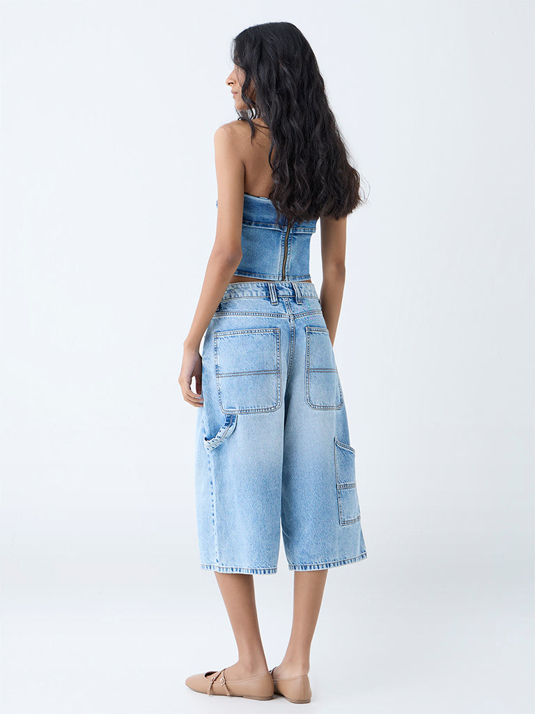 Nuon Light Blue Faded Mid-Rise Denim Jorts
