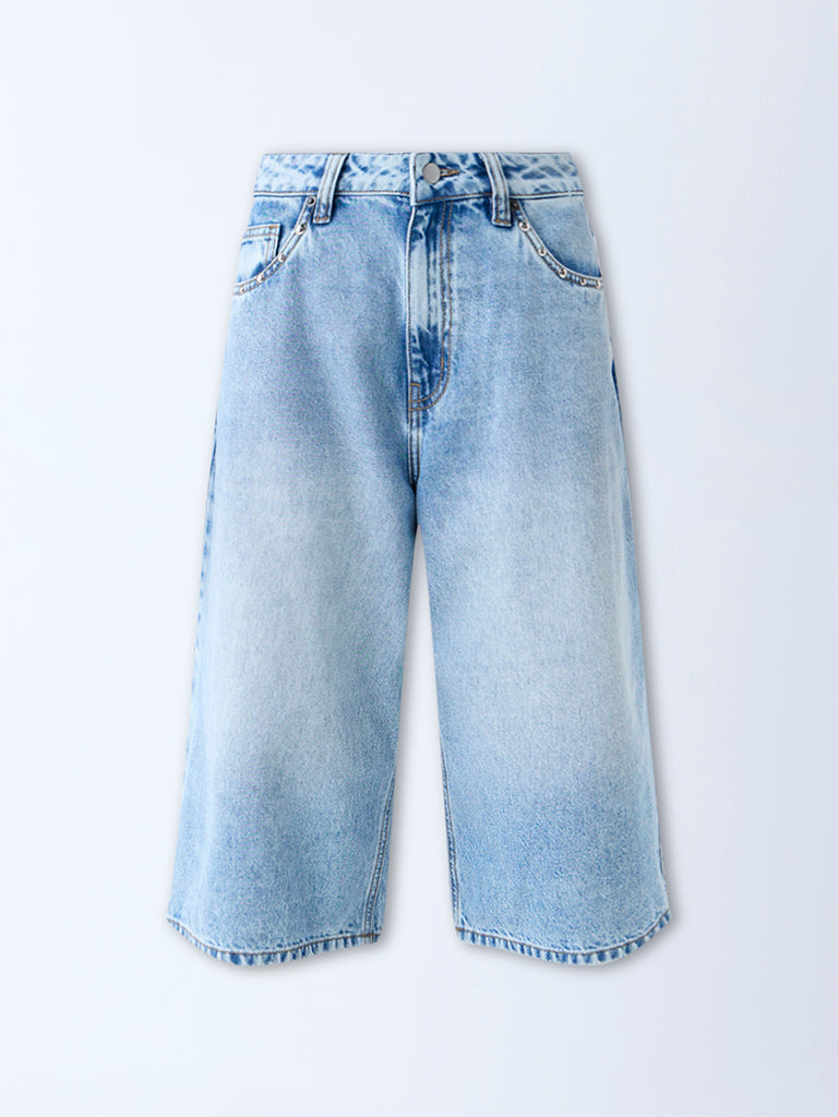 Nuon Light Blue Faded Mid-Rise Denim Jorts