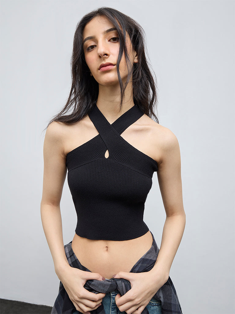 Buy Nuon Black Ribbed-Textured Halter-Neck Top from Westside