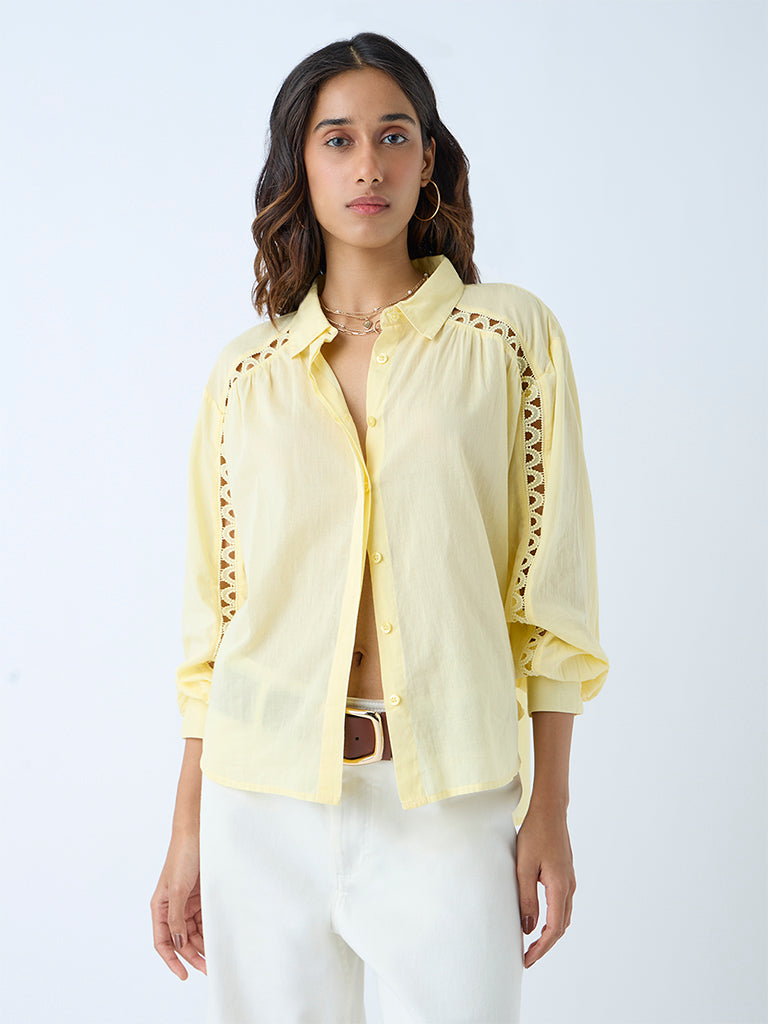 Westside LOV Women's Light Yellow Lace Detailed Cotton Shirt for Casual Wear Front View