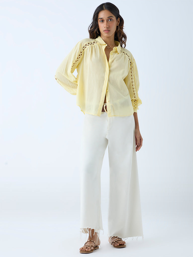 Westside LOV Women's Light Yellow Lace Detailed Cotton Shirt for Casual Wear Full View