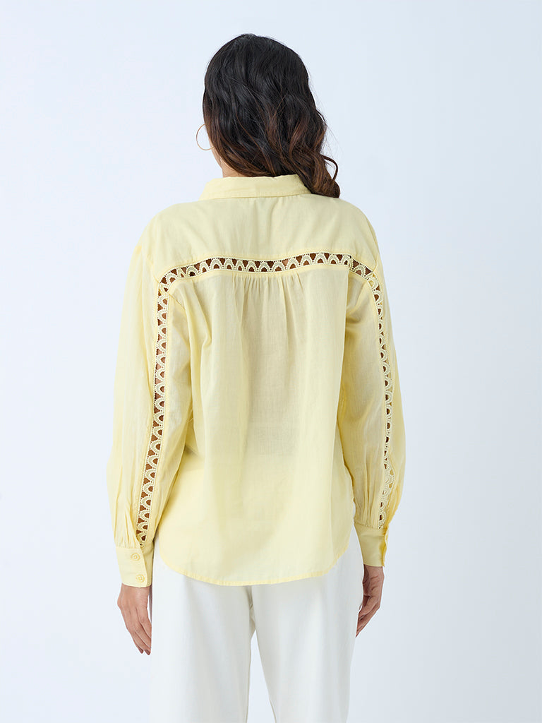 Westside LOV Women's Light Yellow Lace Detailed Cotton Shirt for Casual Wear Back View