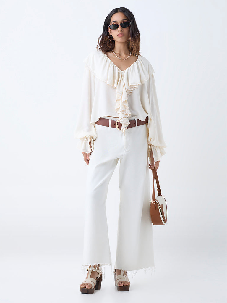 Westside LOV Women's Off-White Ruffle-Detailed Top for Casual Wear Full View