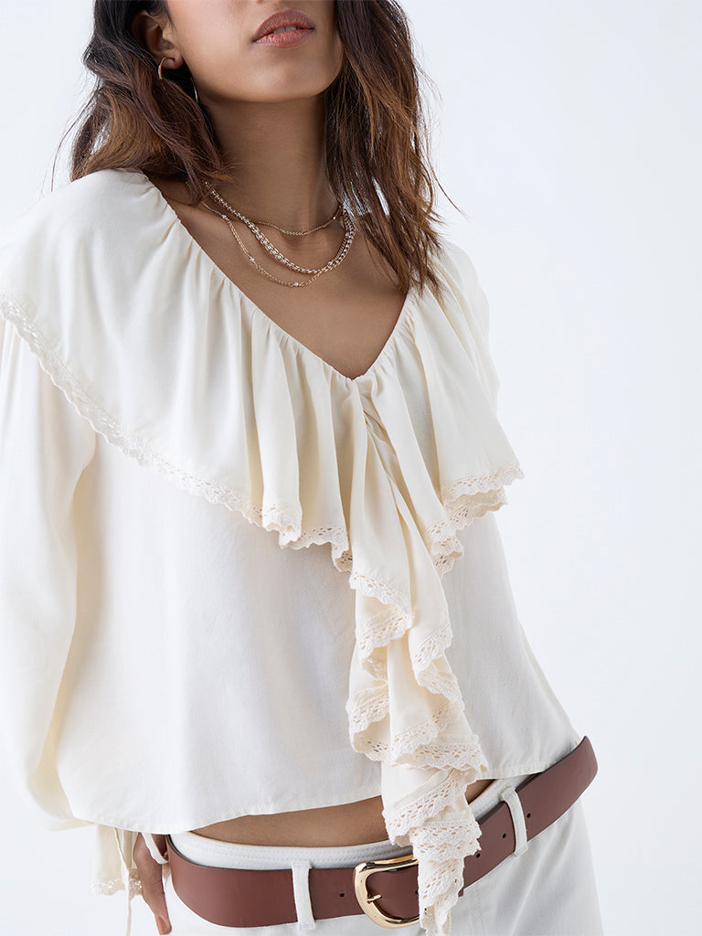 Westside LOV Women's Off-White Ruffle-Detailed Top for Casual Wear Zoomed View