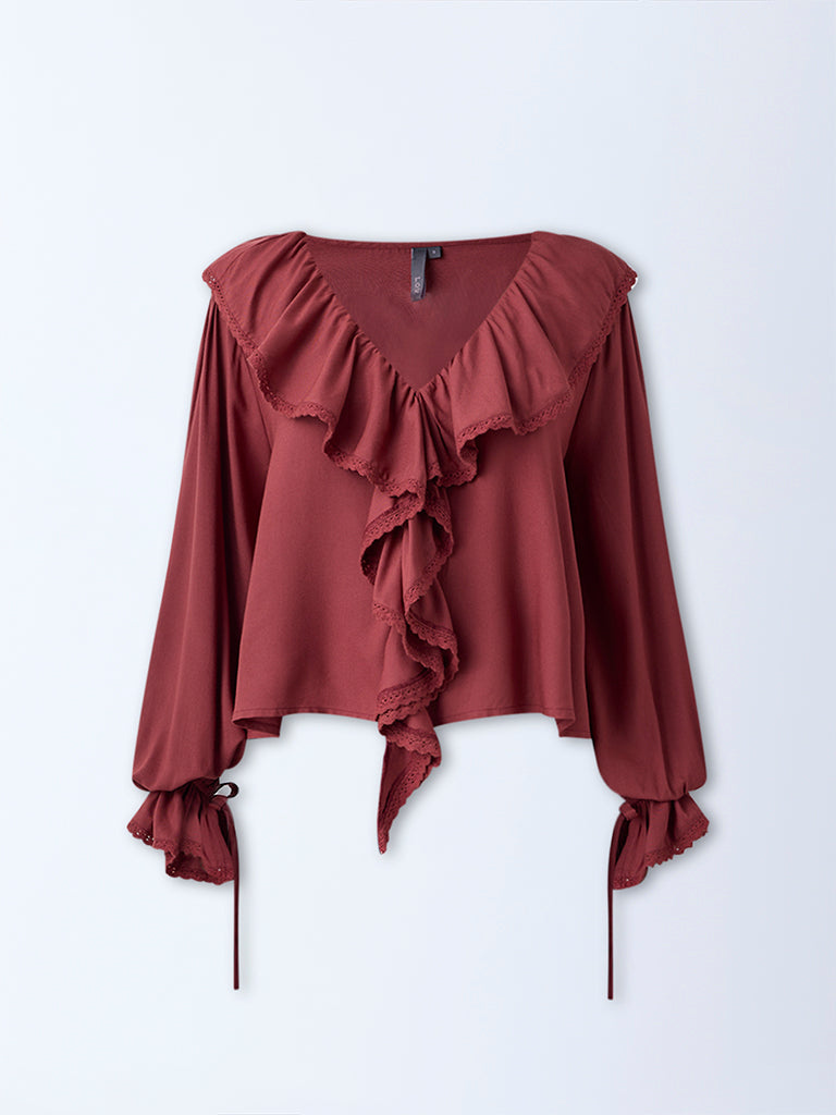 Westside LOV Women's Rust Ruffle-Detailed Top for Casual Wear Flatlay