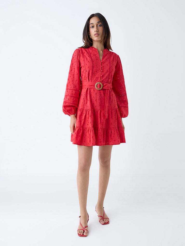 Westside LOV Women's Red Schiffli Detailed Tiered Cotton Dress with Belt for Casual Wear Full View