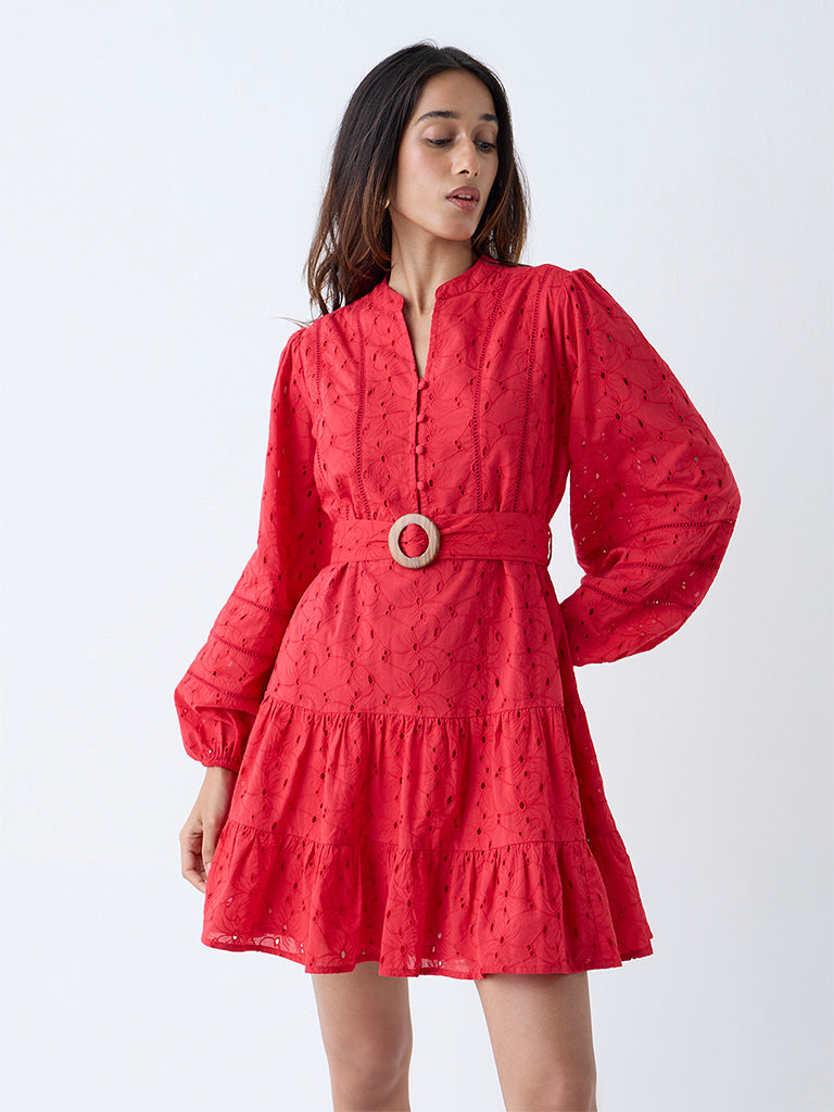 Westside LOV Women's Red Schiffli Detailed Tiered Cotton Dress with Belt for Casual Wear Front View