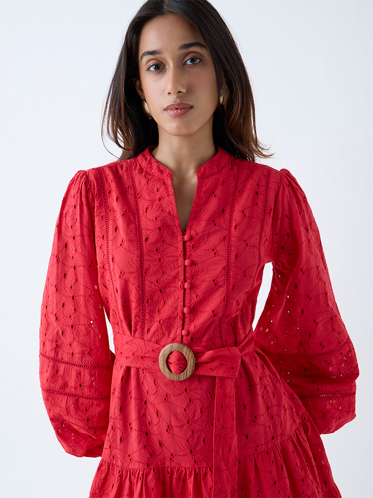 Westside LOV Women's Red Schiffli Detailed Tiered Cotton Dress with Belt for Casual Wear Zoomed View