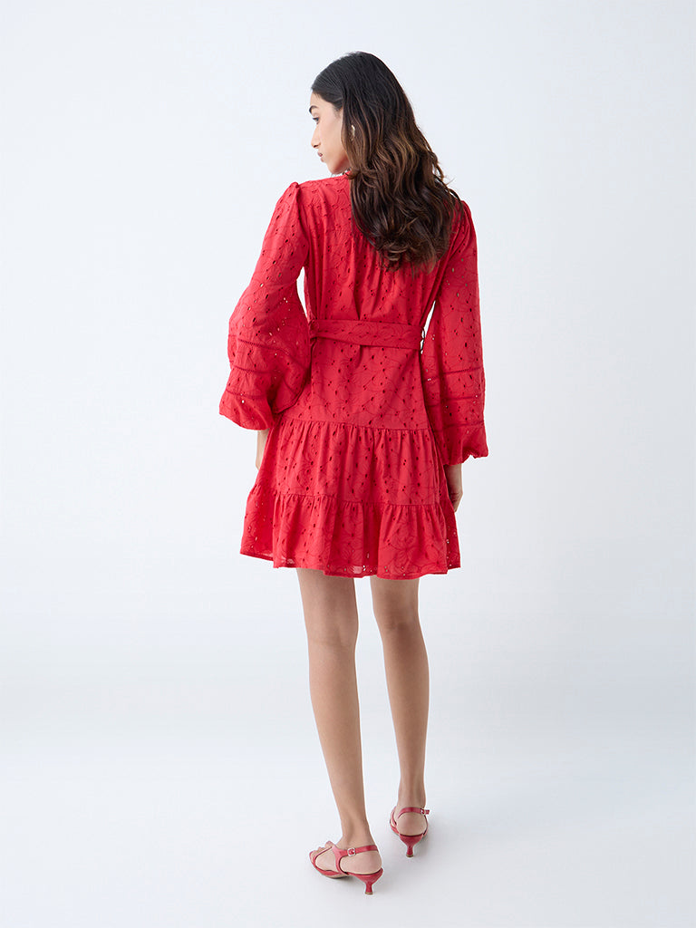 Westside LOV Women's Red Schiffli Detailed Tiered Cotton Dress with Belt for Casual Wear Back View