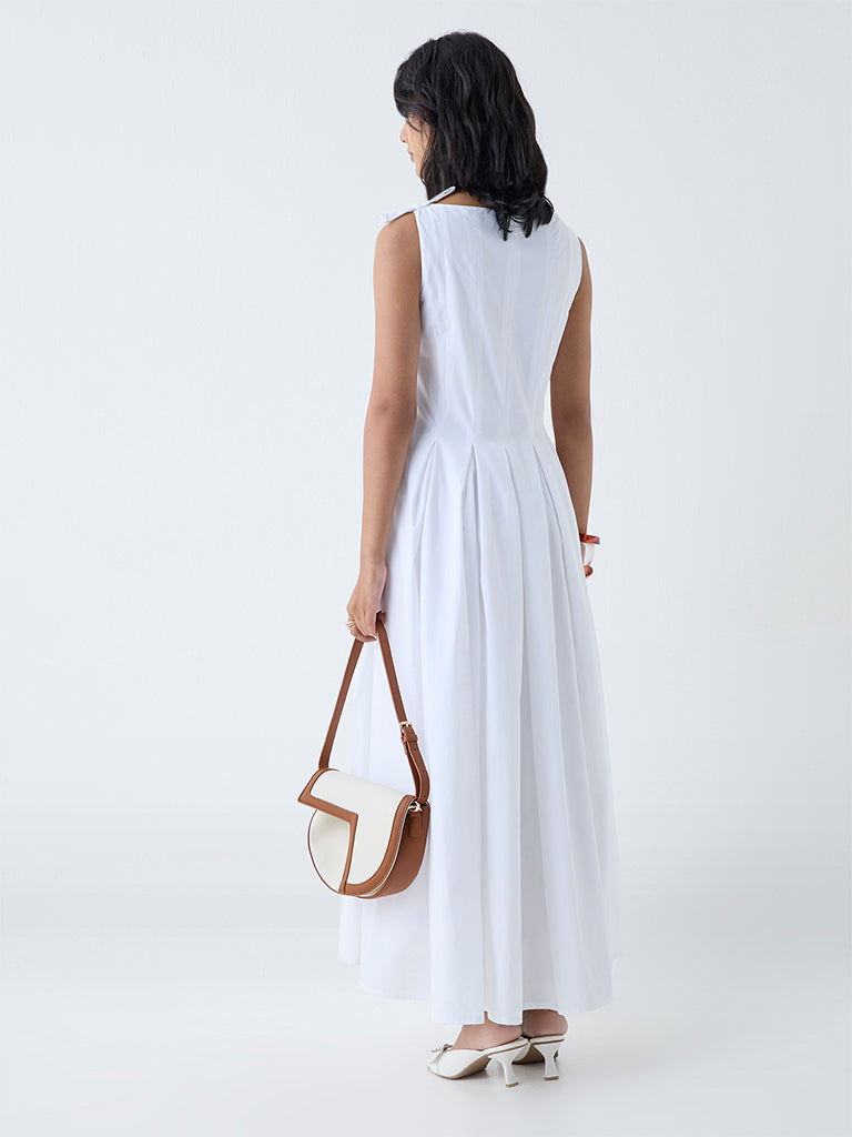 Westside LOV Women's White Solid Cotton A-Line Dress for Casual Wear Back View