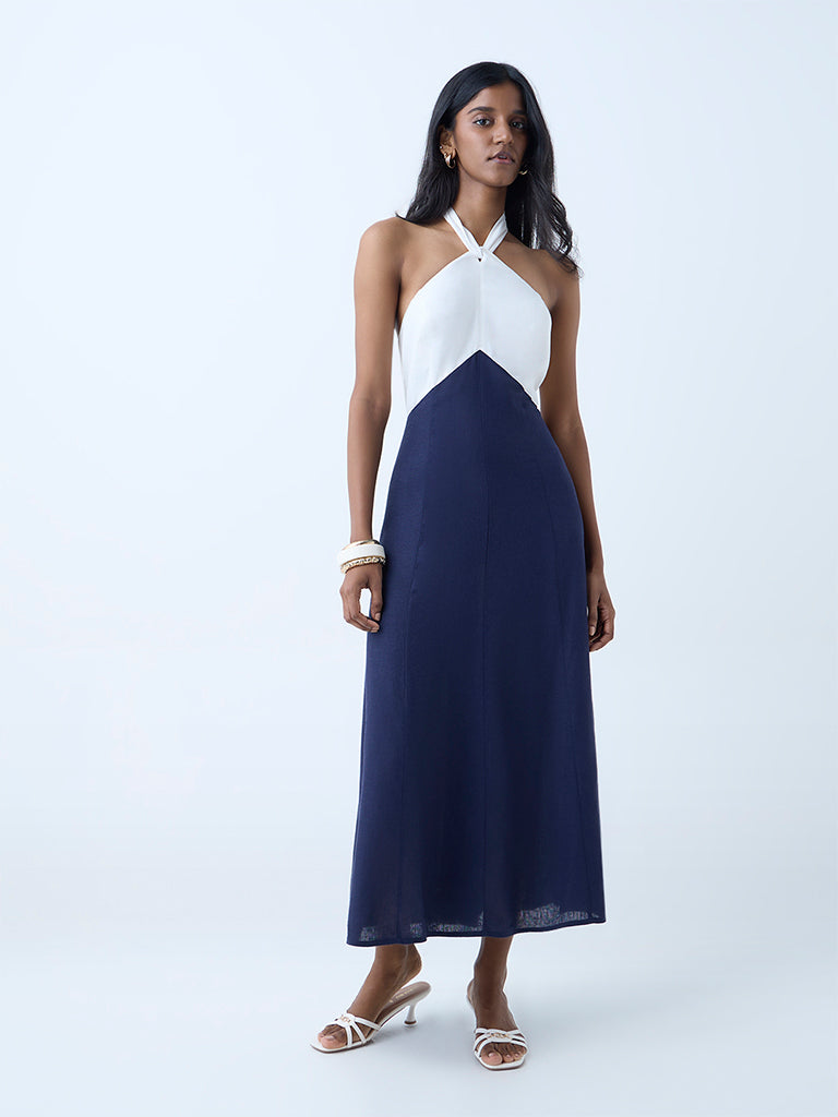 LOV Navy Colour-Blocked Halter Neck A-Line Dress
