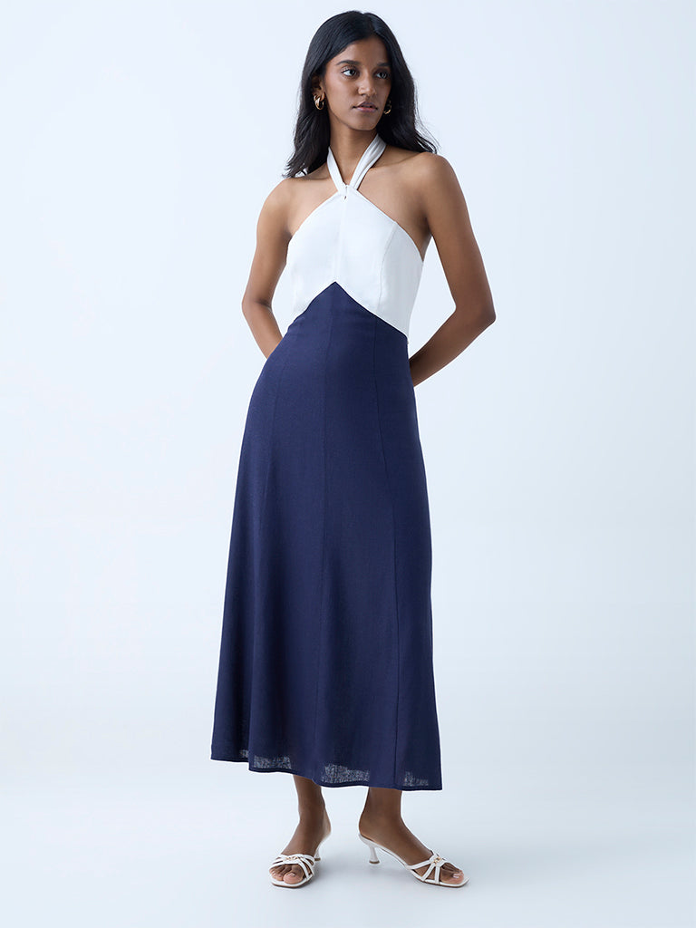 LOV Navy Colour-Blocked Halter Neck A-Line Dress