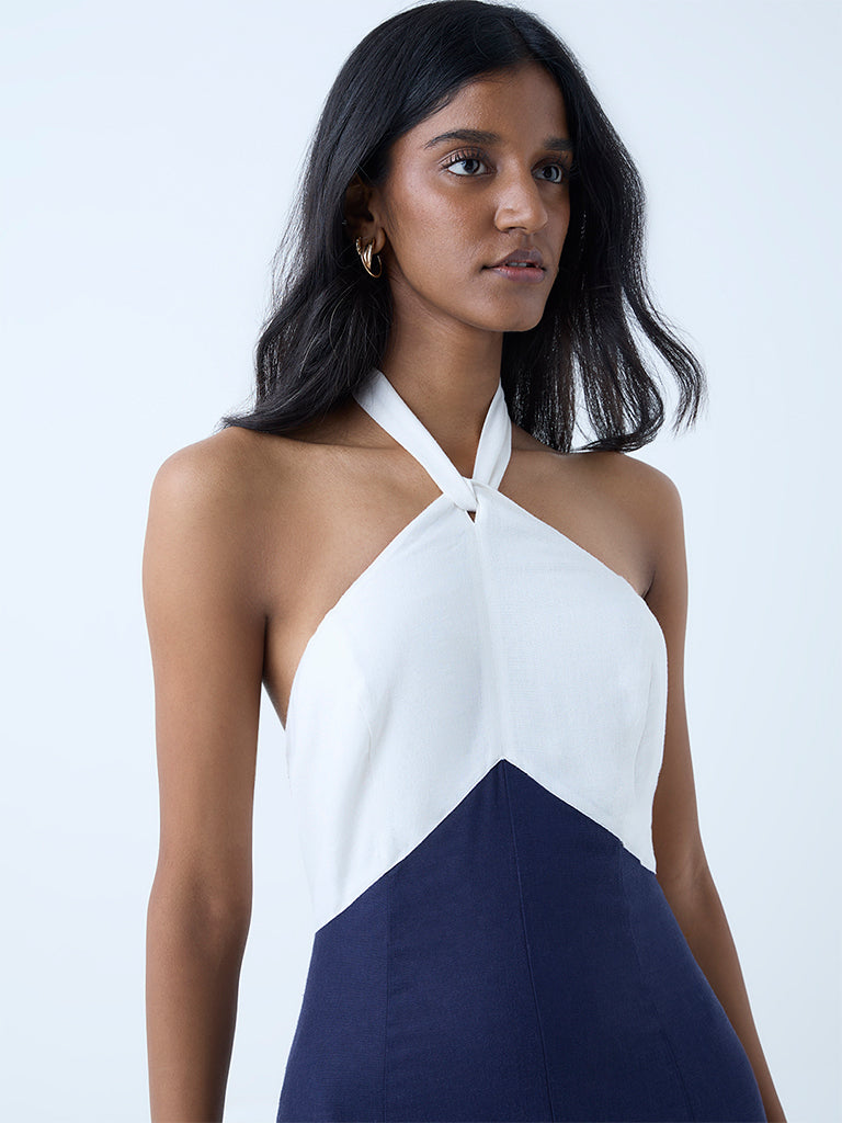 LOV Navy Colour-Blocked Halter Neck A-Line Dress