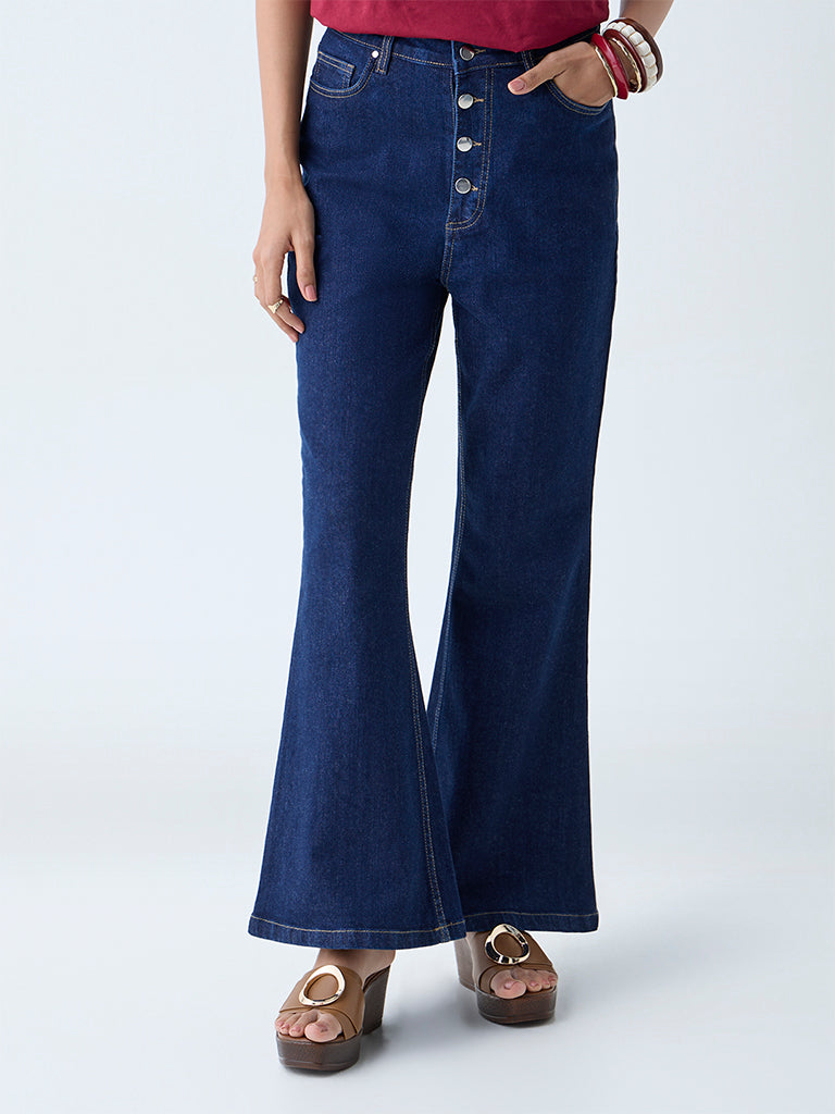 Westside LOV Women's Dark Blue Bootcut High-Rise Jeans for Casual Wear Front View