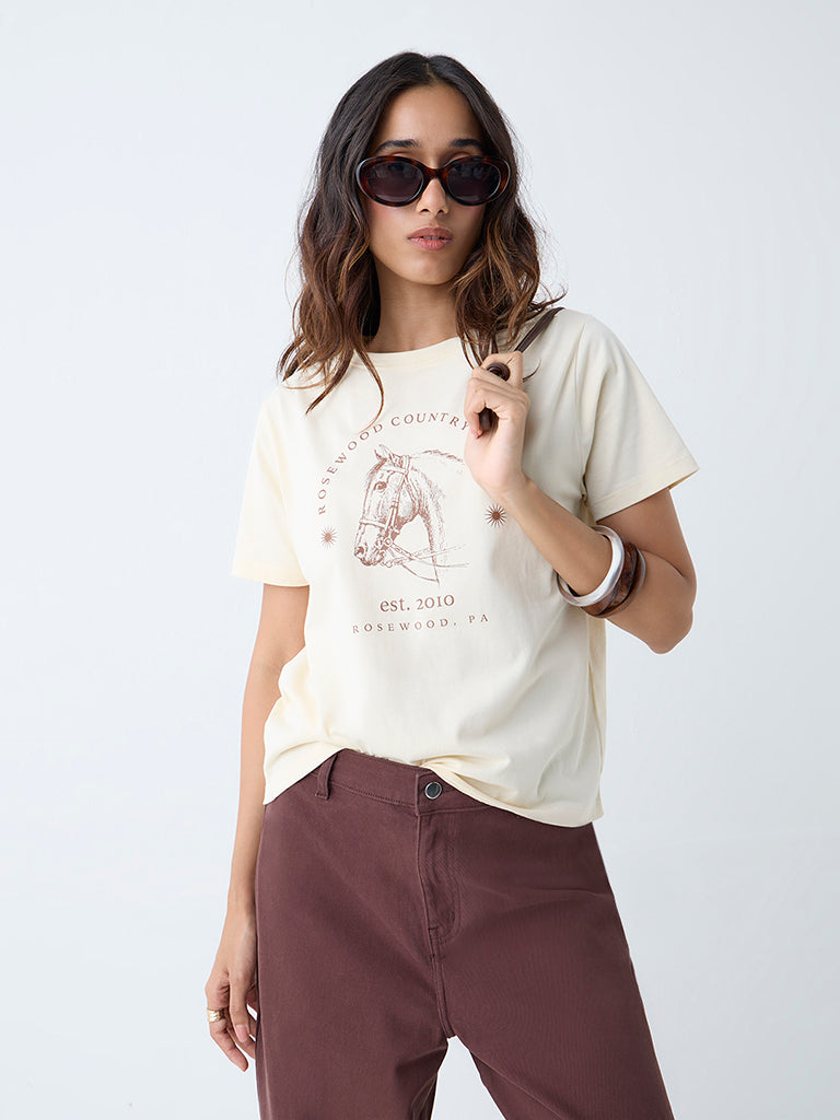 Buy LOV Light Yellow Printed Cotton T-Shirt from Westside