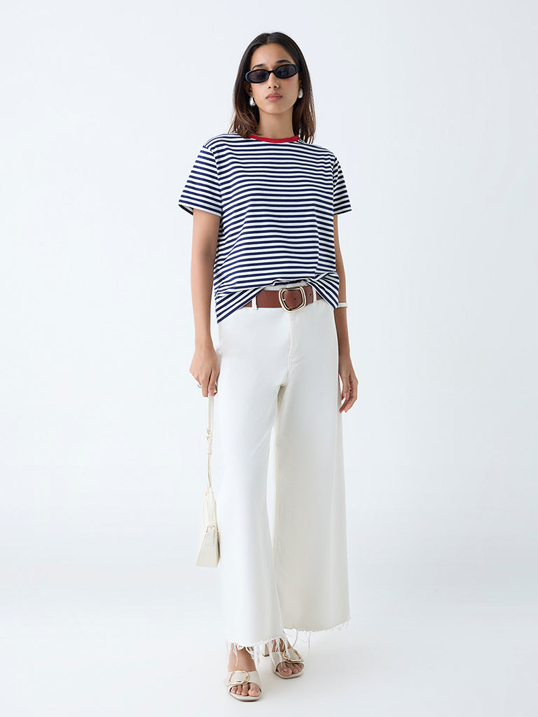 Westside LOV Women's Navy Stripe Cotton-Blend T-Shirt for Casual Wear Full View