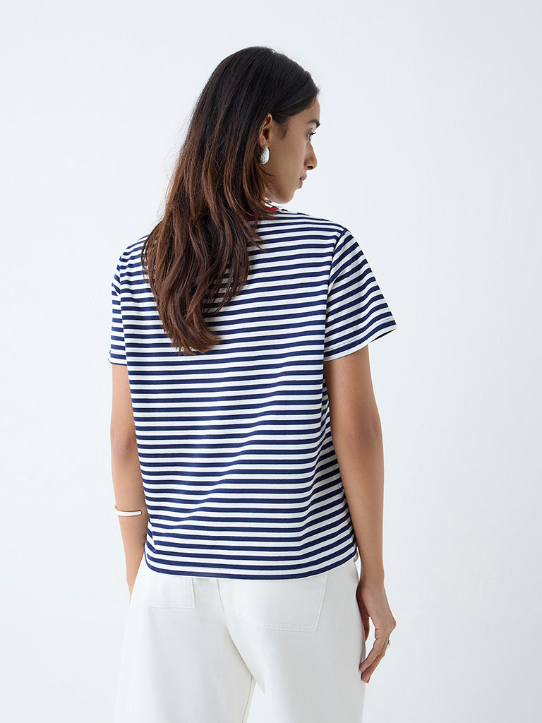 Westside LOV Women's Navy Stripe Cotton-Blend T-Shirt for Casual Wear Back View