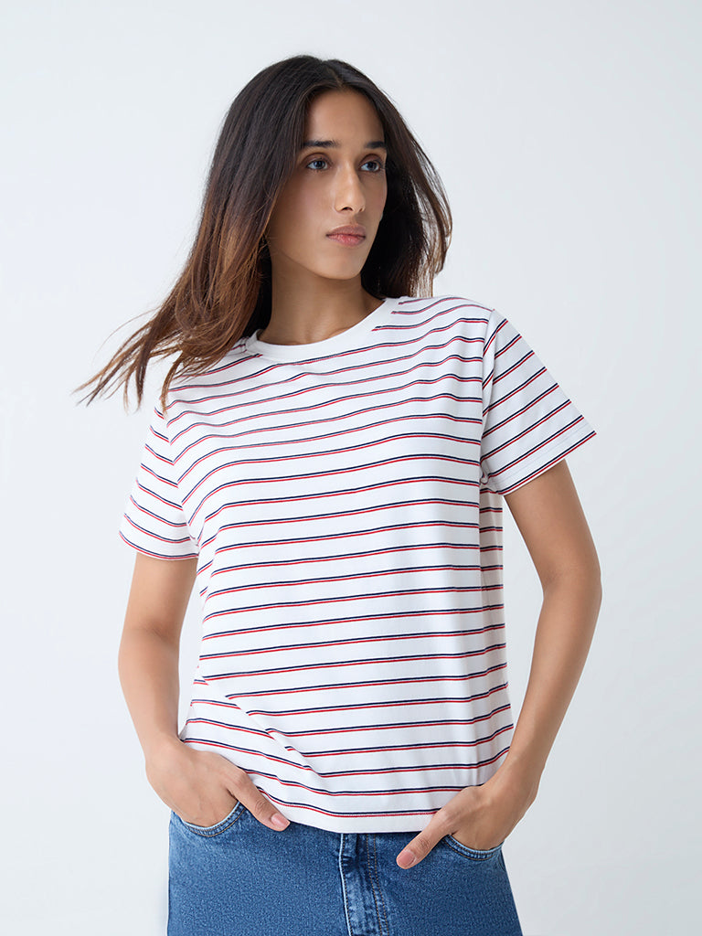 Westside LOV Women's Red Stripe Pattern Cotton-Blend T-Shirt for Casual Wear Front View