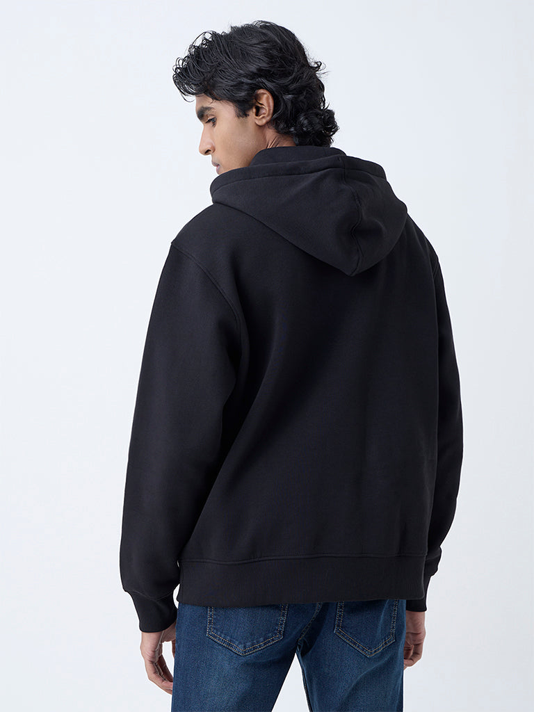 WES Casuals Black Solid Relaxed-Fit Cotton-Blend Hoodie