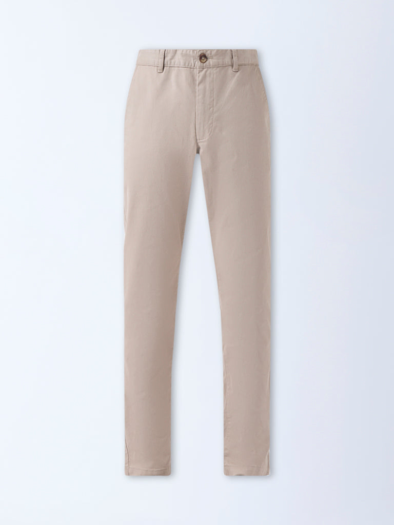 WES Casuals Taupe Slim-Fit Mid-Rise Cotton-Blend Trousers