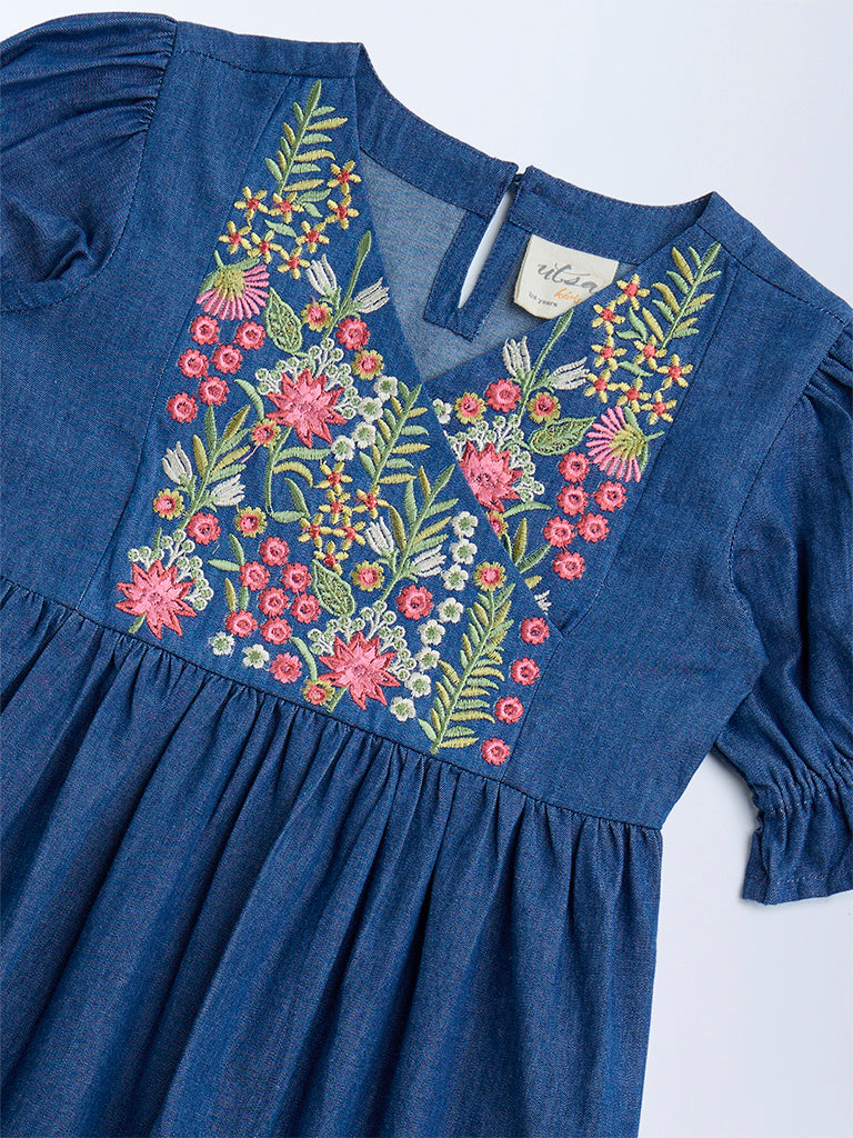 Utsa Kids Girls Dark Blue Floral Embroidered Denim A-Line Dress - (2 - 8yrs)