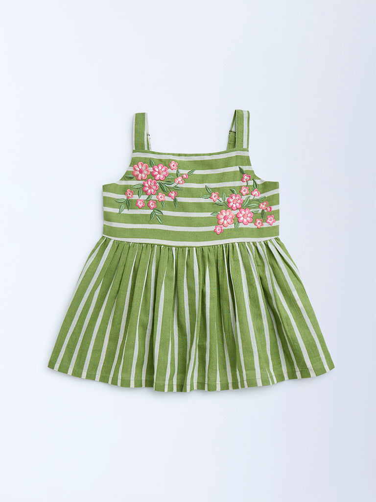 Utsa Kids Green Striped Cotton Ethnic Top - (2-8yrs)