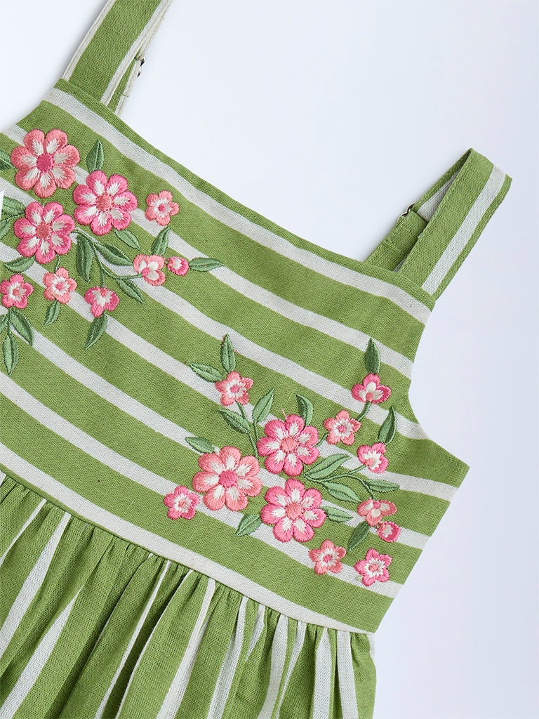 Utsa Kids Green Striped Cotton Ethnic Top - (2-8yrs)