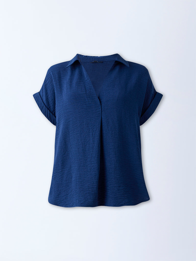 Westside Wardrobe Women's Indigo Crinkle-Textured Top for Work Wear Flatlay