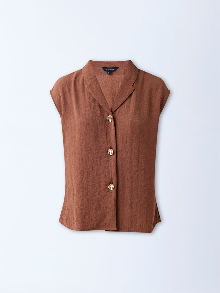 Westside Wardrobe Women's Tan Self-Textured Blouse for Work Wear Flatly