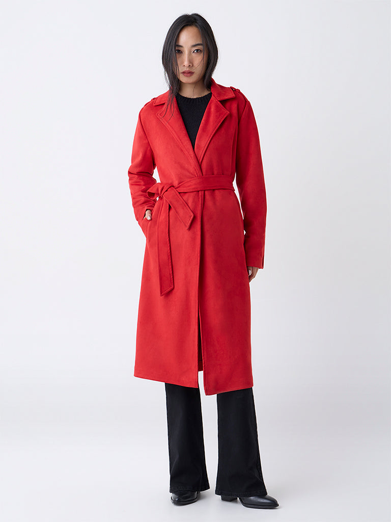 Buy LOV Red Suede Trench Coat with Belt from Westside