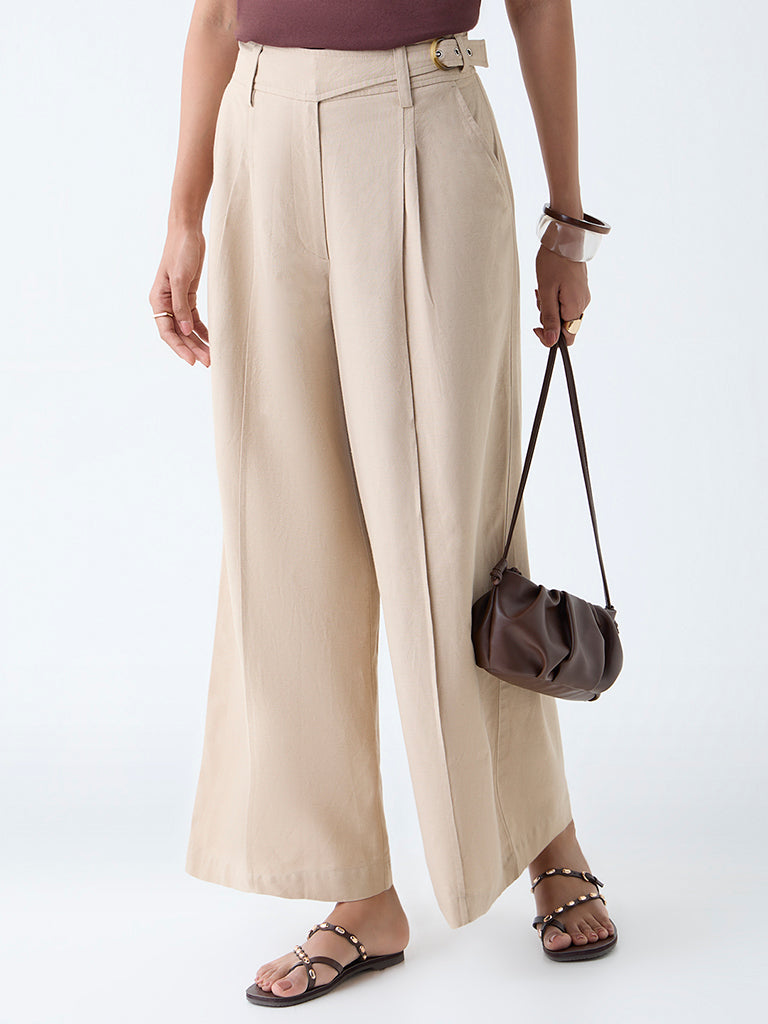 LOV Beige Solid High-Rise Cotton-Blend Trousers