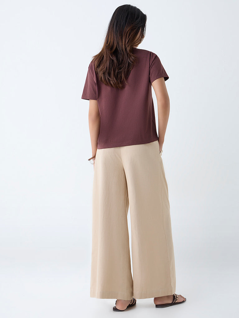 LOV Beige Solid High-Rise Cotton-Blend Trousers