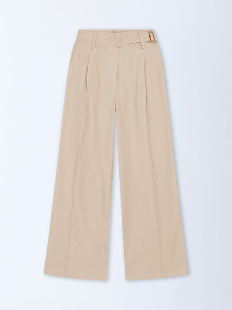 LOV Beige Solid High-Rise Cotton-Blend Trousers